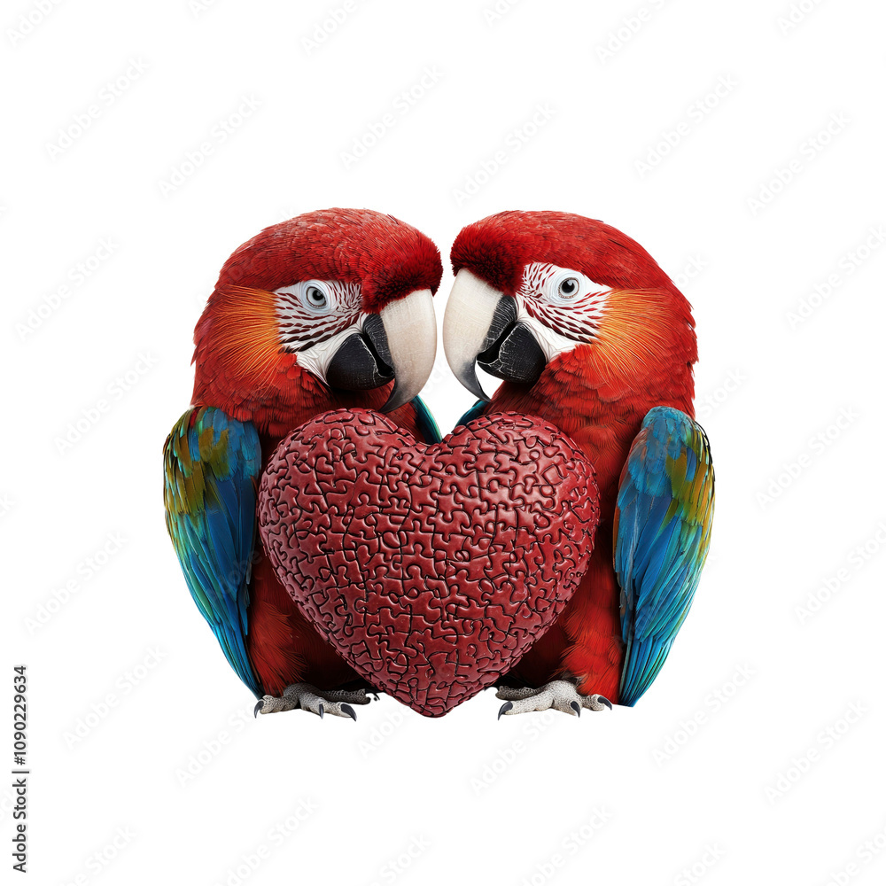 Fototapeta premium Two Scarlet Macaws Sharing a Puzzle Heart A Symbol of Love and Connection