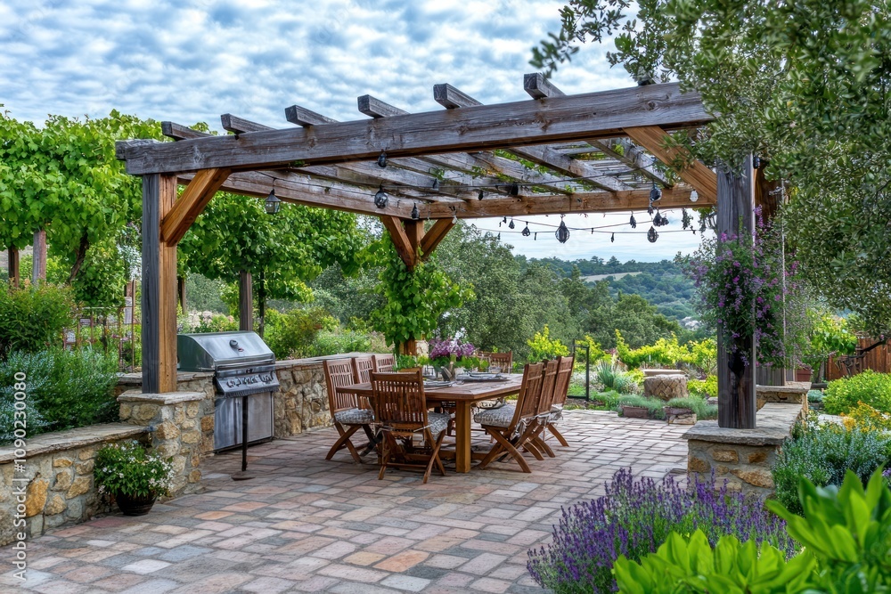 Obraz premium Outdoor patio with wooden pergola, dining table, and greenery