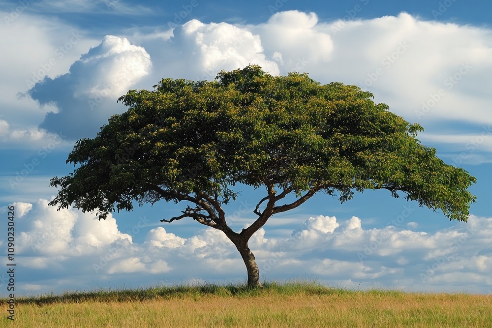 Fototapeta premium Solitary tree on grassy hill under cloudy blue sky