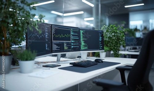 Modern office workspace with triple monitors displaying data, charts, and code; surrounded by potted plants. photo