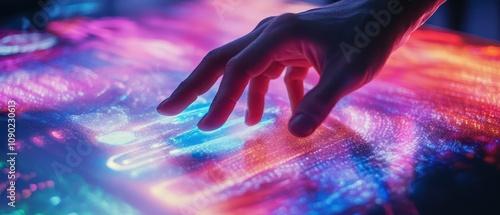 Human hand touching a holographic palette to create digital art, top view, illustrating creativity, futuristic tone, vivid photo