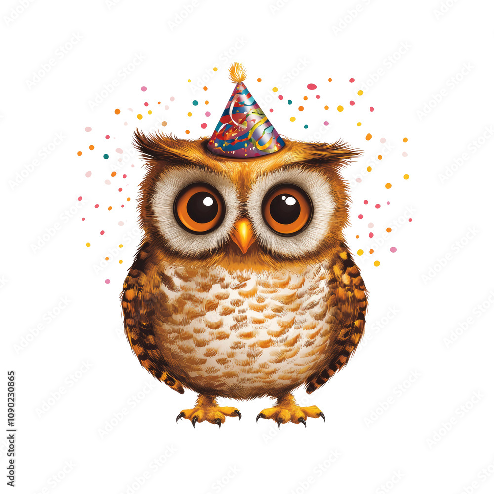 Obraz premium Adorable Owl in Party Hat with Confetti