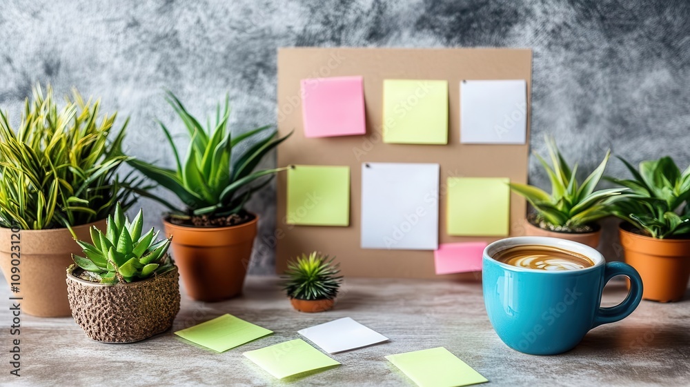 Fototapeta premium A cozy workspace with a 2025 vision board featuring blank sticky notes, surrounded by small plants and a coffee cup