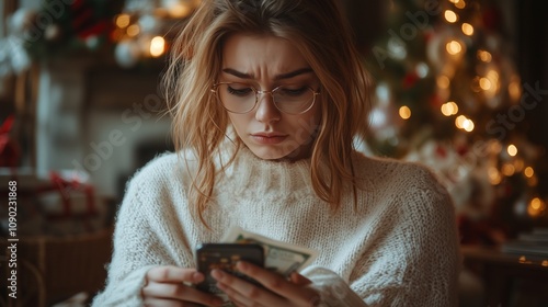 Worried upset woman holding smartphone and banknotes, having problems with ordering New Year gifts online, sitting in decorated room. New Year holiday concept photo