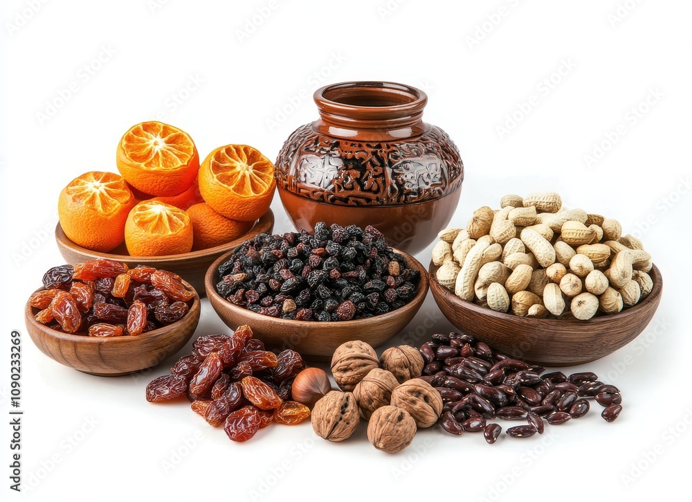 Fototapeta premium A colorful arrangement of dried fruits, nuts, and spices in bowls, accompanied by a decorative jar and vibrant orange fruits.