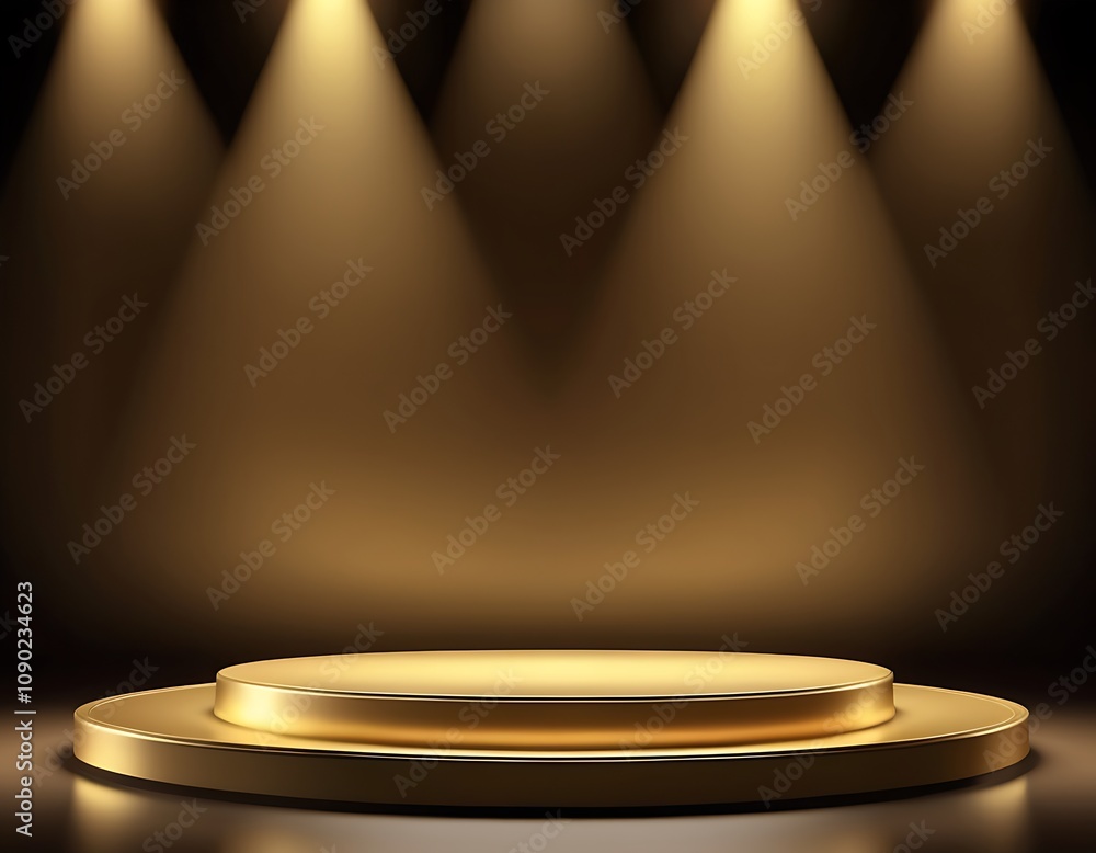 Gold background podium award stage light golden win 3D platform. Background luxury gold podium winner ceremony spotlight star abstract shine prize champion design victory show product template