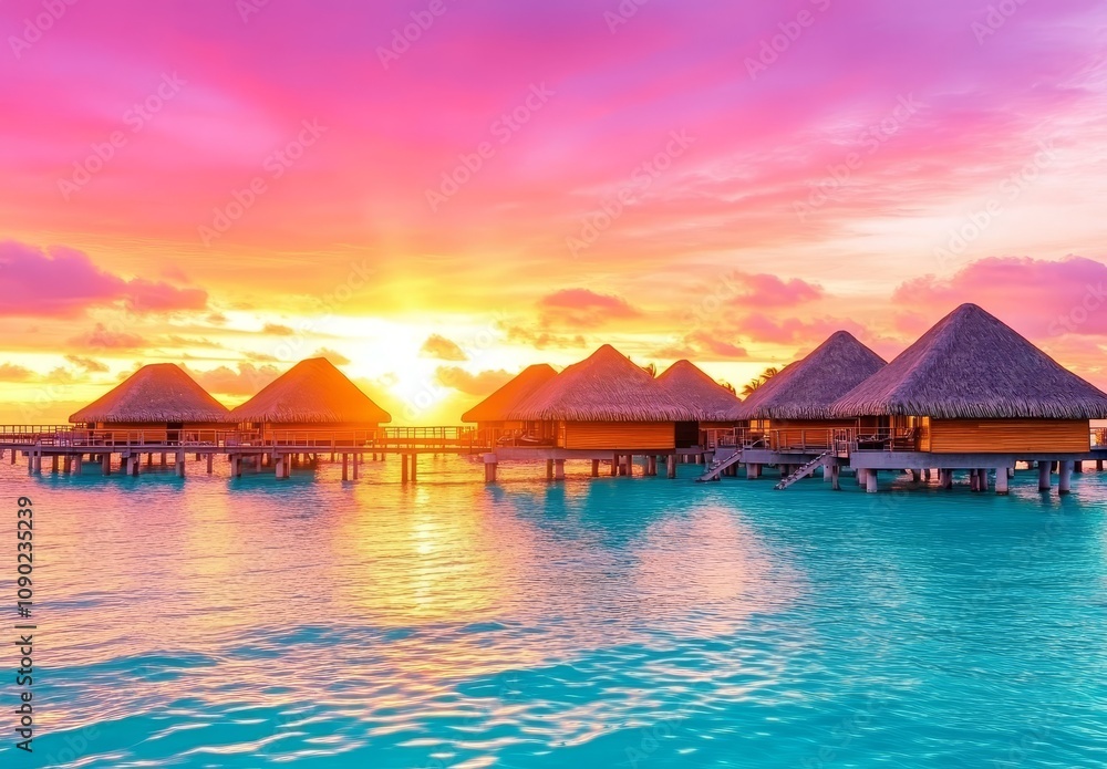 Overwater bungalows with stunning sunset sky over calm turquoise lagoon. Overwater bungalows with stunning sunset sky over calm turquoise lagoon.
