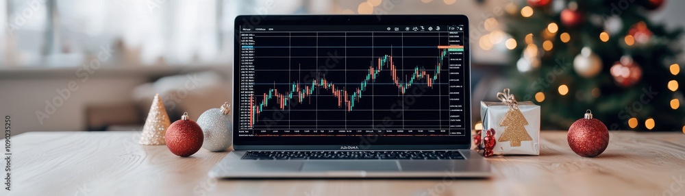 A laptop displaying financial data sits on a table, surrounded by holiday decorations, capturing a blend of work and festive cheer.