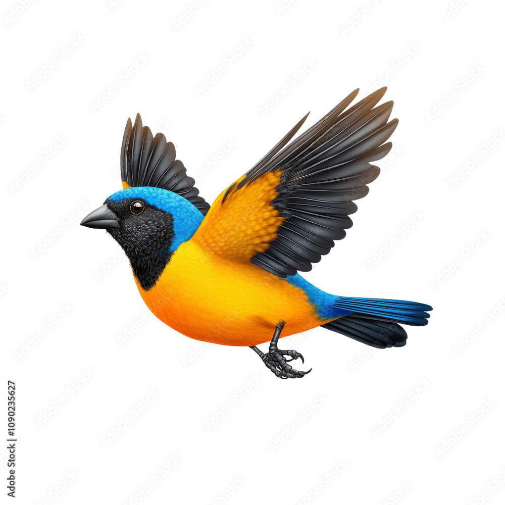 Obraz premium Vibrant Blue-and-Orange Bird in Flight, Detailed Illustration