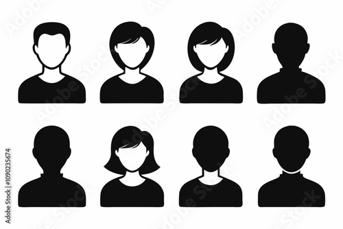 Vector profile avatar icons set. male and female user circle silhouette black on white background