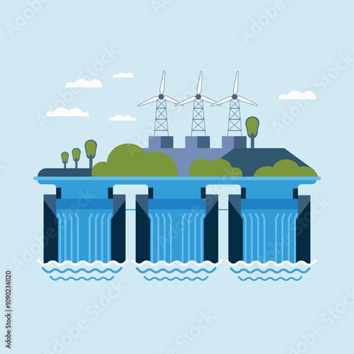 Illustration showcasing sustainable hydropower with eco-friendly dam, renewable energy, and clean power.