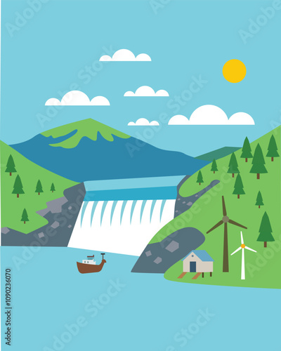 Illustration showcasing sustainable hydropower with eco-friendly dam, renewable energy, and clean power.