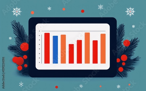 A digital tablet displays a colorful bar graph, surrounded by festive decorations like snowflakes and pine branches, creating a seasonal business theme.