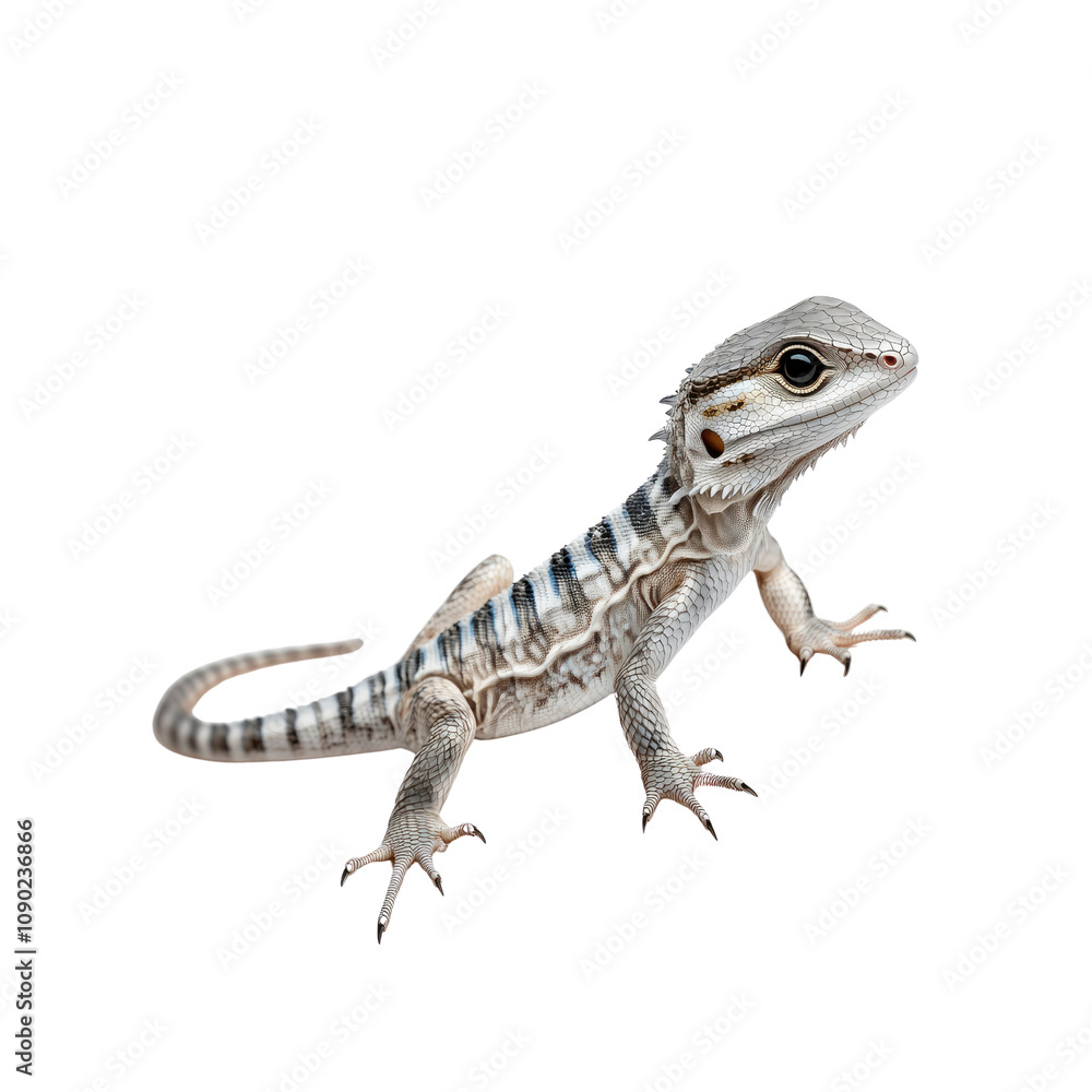 Obraz premium Juvenile Bearded Dragon Lizard with Unique Striped Pattern on White Background