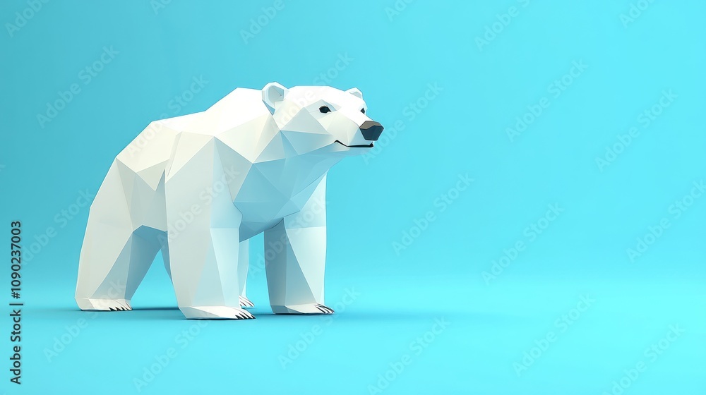 Fototapeta premium A stylized polygonal polar bear stands against a bright blue background.