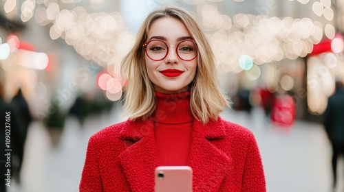 Obraz na płótnie A stylish woman in a red outfit and glasses smiles while holding a phone, surrounded by festive lights in a cheerful city setting. w salonie