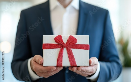 Obraz na płótnie A man in a suit holds a beautifully wrapped gift with a red ribbon, symbolizing celebration and thoughtfulness. w salonie