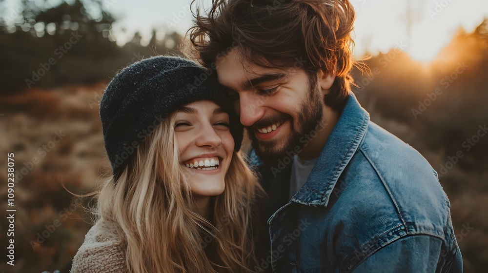 Fototapeta premium Joyful young couple smiling outdoors at sunset, with warm golden light around them.