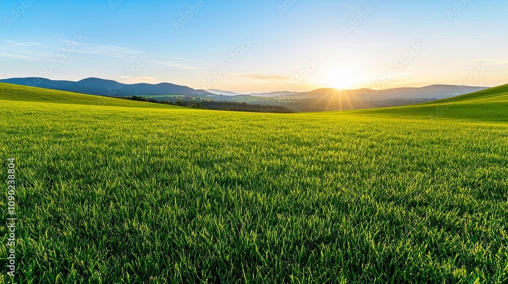 Obraz premium Golden meadows glowing softly at dawn, with distant hills fading into the horizon, showcasing the peaceful start of a warm summer day