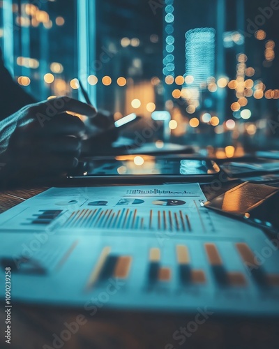 Corporate team strategizing in a collaborative meeting with digital technology tools for advanced marketing data analysis and informed investment decision-making in a modern business environment