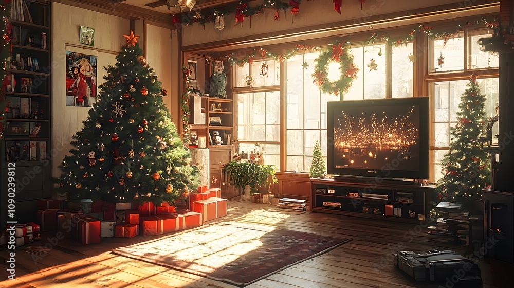 Fototapeta premium Cozy living room decorated for Christmas with tree, gifts, and warm sunlight.