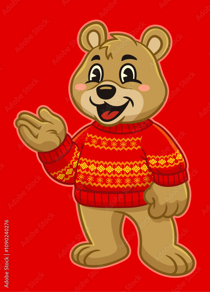 Obraz premium Happy Cartoon Bear Mascot Wearing Christmas Sweater