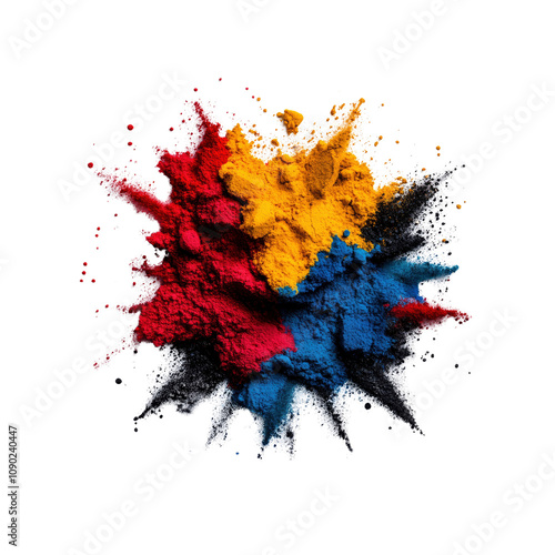 Abstract Colorful Powder Explosion Red, Yellow, Blue, and Black Pigment Burst on White  Background photo