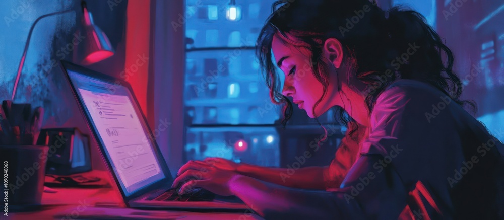 Fototapeta premium Night City Dreams: A Digital Artist's Vision of Late-Night Work
