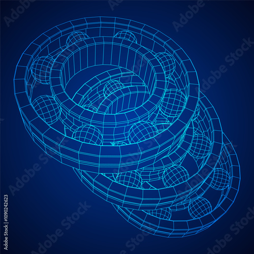Roller bearing. Circular round rotating bearings used in industry for heavy equipment mechanical work and engineering. Wireframe low poly mesh vector illustration.