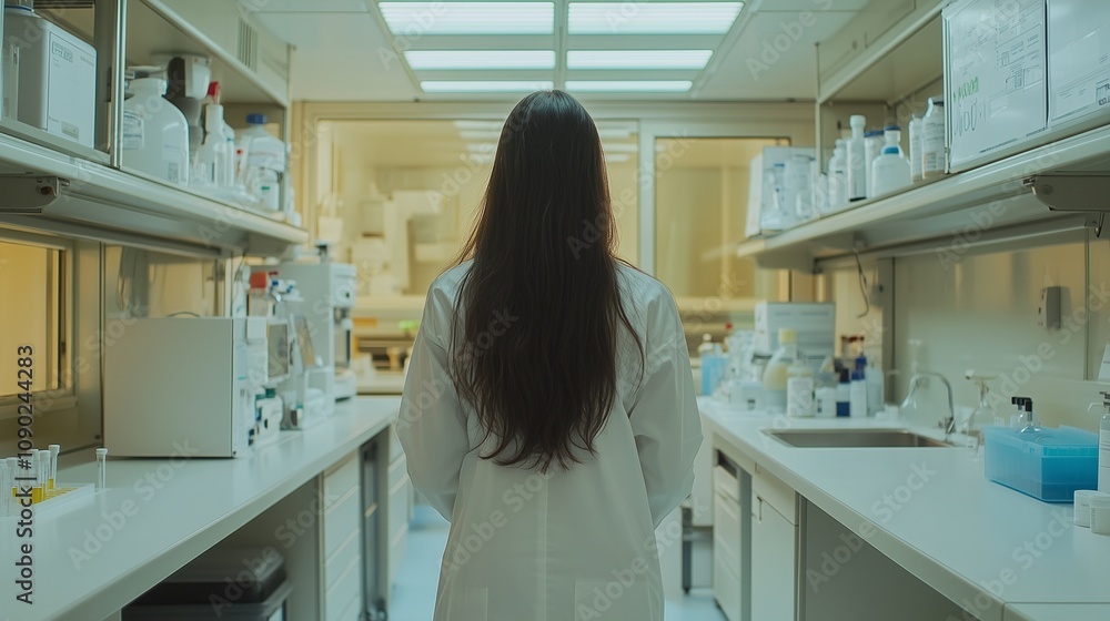 Obraz premium dedicated scientist is meticulously examining a sample under a microscope in a sterile laboratory setting