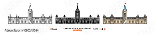 Centre Block Parliament Line Icon. Ottawa Canada, Silhouette, Color Symbol, Editable Stroke.