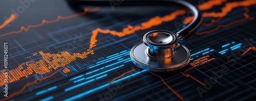 Stethoscope on a high-tech financial chart, health and finance connection, digital medical analysis, blue and orange glow, concept of healthcare market trends