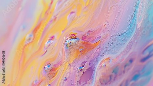 Abstract colorful liquid with bubbles and swirls, showcasing vibrant hues and textures.