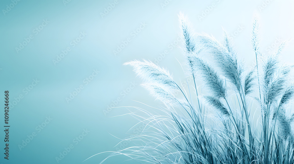 Fototapeta premium A serene image of soft, feathery grass against a tranquil blue background, evoking calmness and nature's beauty.