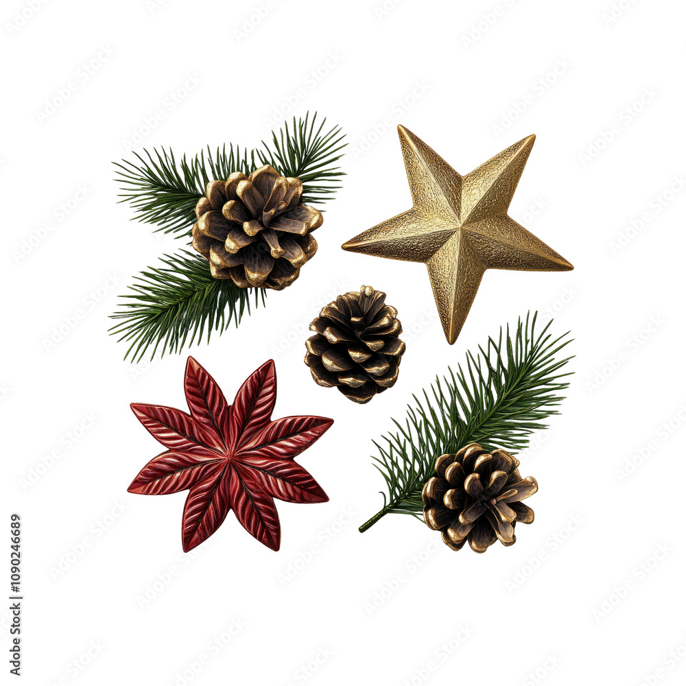 Fototapeta premium Festive Christmas Decorations Golden Star, Pine Cones, and Red Poinsettia