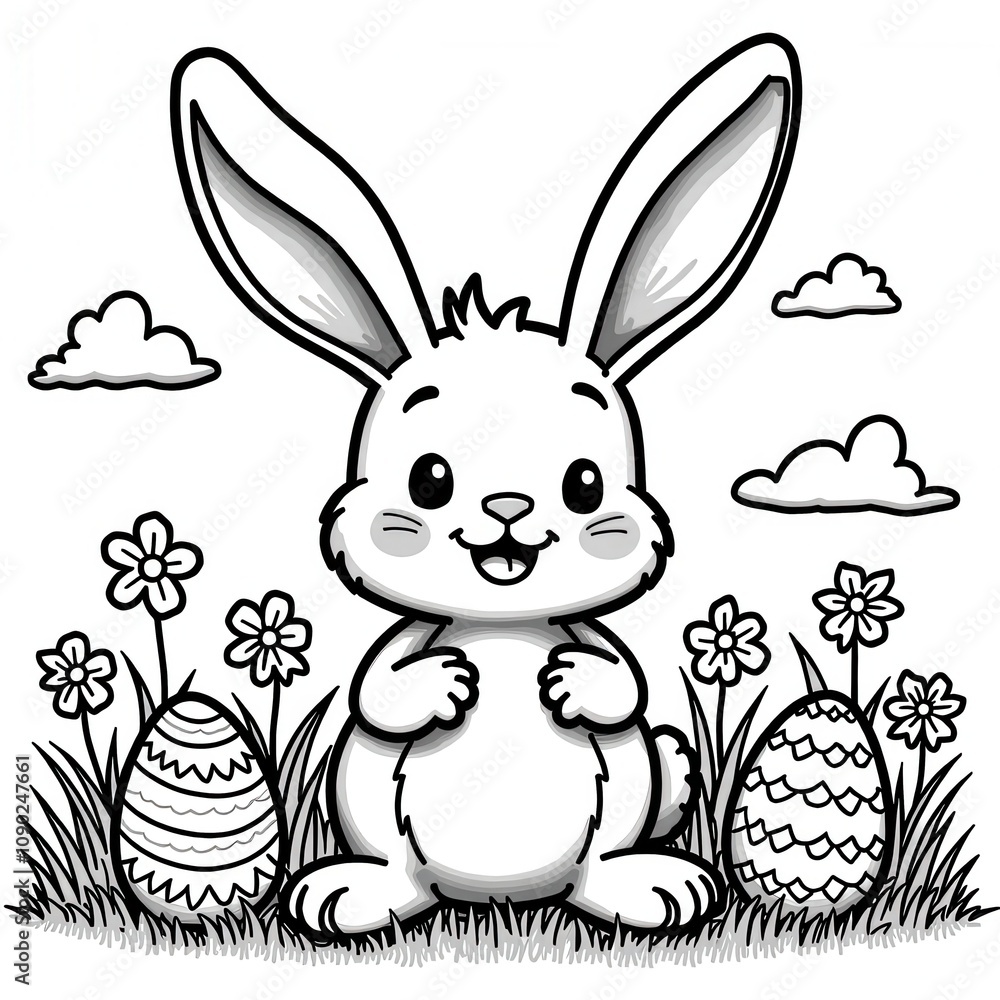 Obraz premium Easter Bunny Sitting Among Spring Flowers Eggs
