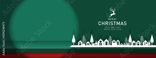 Christmas shelf for show product display with spotlight and elements design white city. Vector illustration.