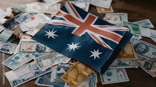 A modern composition of the Australian flag with branding opportunities: the flag waves prominently while branded crafts like calendars and greeting cards with flag motifs are displayed below, photo