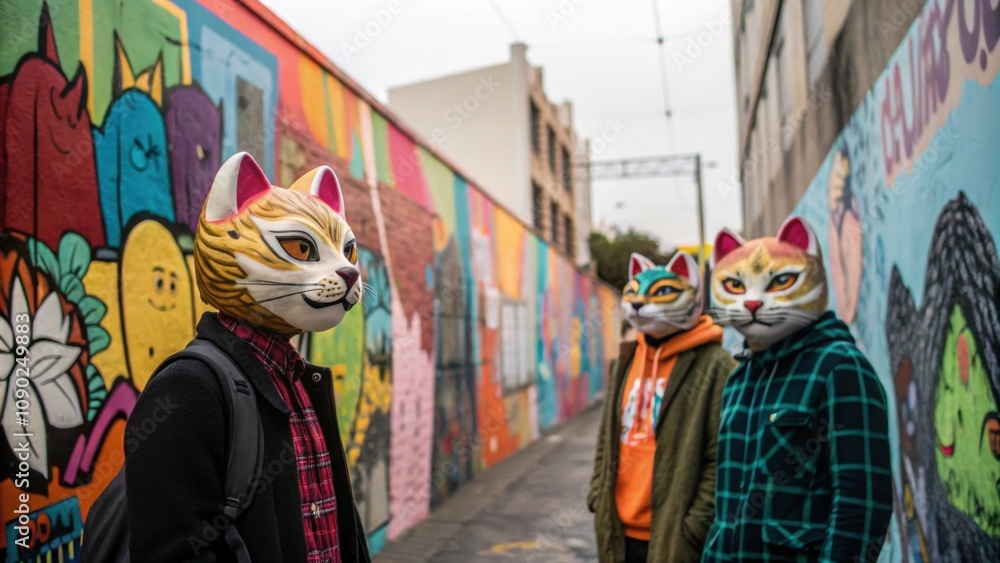 Fototapeta premium Vibrant street art colors the walls framing yet another gathering of therians whose playful feline masks spark joy and wonder.