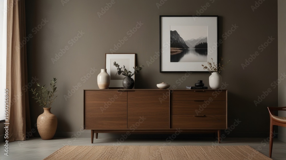 Mid-century modern sideboard with nature photography and minimalist decor in a calm, neutral room. Mid-century modern sideboard with nature photography and minimalist decor in a calm, neutral room.