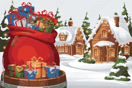 Vector illustration overflowing with colorful Christmas presents, highlighting the cheerful holiday atmosphere with snowy rooftops, evergreen trees, and warm, glowing lights., easily editable