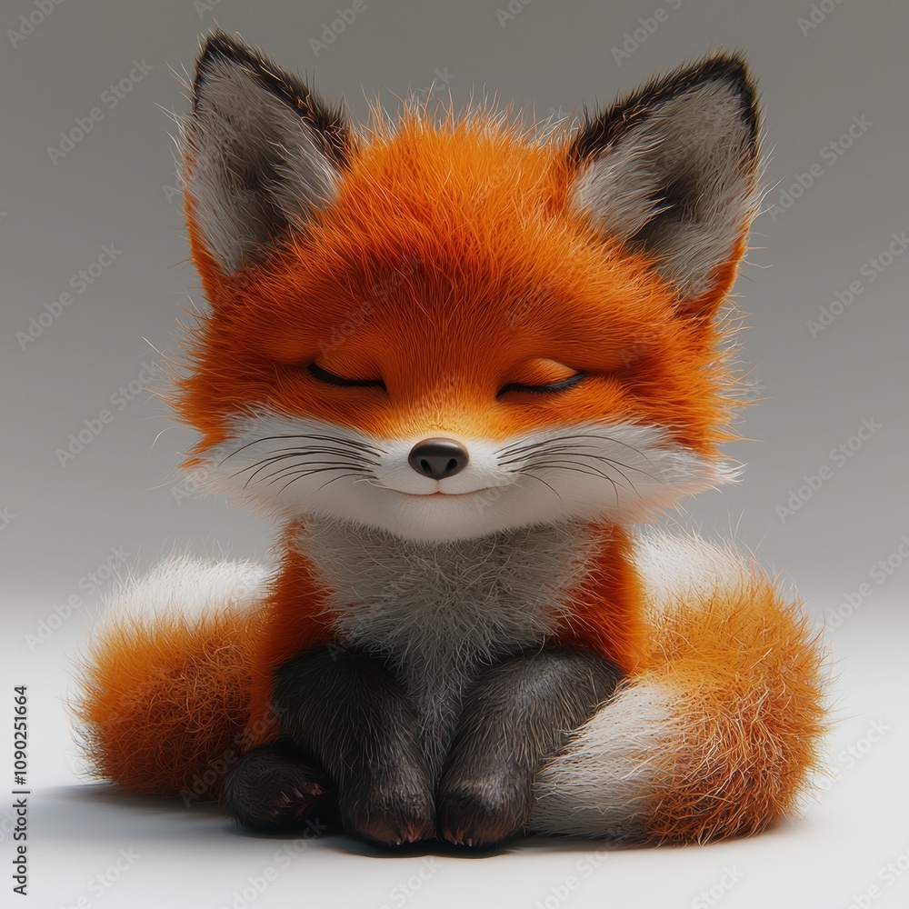 Obraz premium Adorable Fox Kit: 3D Render of a peaceful, orange fox kit sitting serenely with its eyes closed. A heartwarming image perfect for children's books, illustrations, and more. 