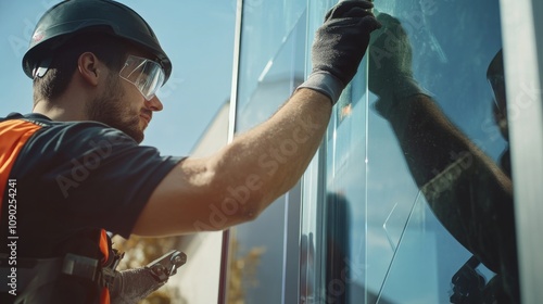 A close-up of a glazier in safety gear carefully fitting a large pane of glass into a window frame, Glass installation scene, Precise and delicate style