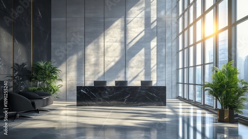 Graphite and marble office mockup with large windows and sun passing through in 3D photo