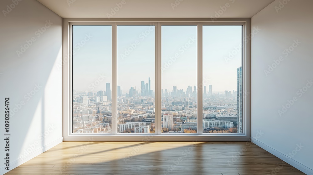 Fototapeta premium Interior view of an empty room in a skyscraper, showcasing the cityscape during the day. The skyline view from a high-rise window offers a gorgeous property with a stunning view.