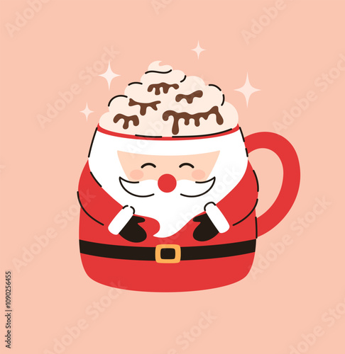 Christmas cup with Santa Claus. Hot chocolate. Flat vector illustration.