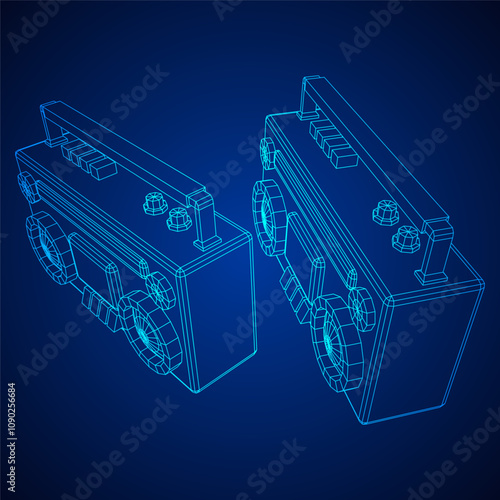 Retro Boombox outdated portable cassette tape recorder. Wireframe low poly mesh vector illustration.