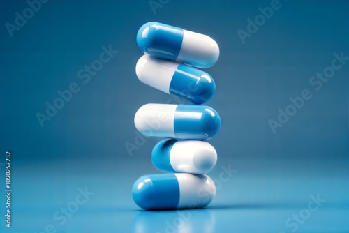 Stacked Blue and White Capsules with Glossy Surface on a Blue Background photo