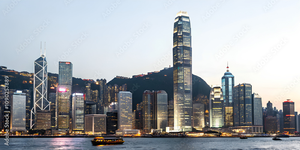 Obraz premium Hong kong City skyline cityscape at night on isolated white background.png