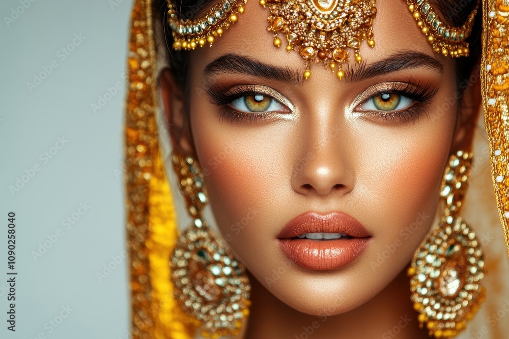 Fototapeta premium Stunning bride in gold jewelry. Perfect for wedding, beauty, and fashion.